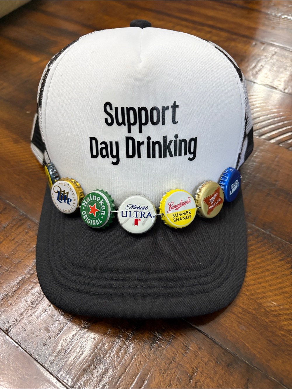 Support Day Drinking Embroidered Trucker Hat - White & Black